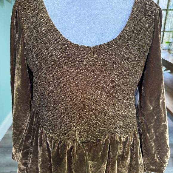 Free People Farrier A-Line Smocked Velvet Mini Dress Chocolate Brown Small - Picture 11 of 12
